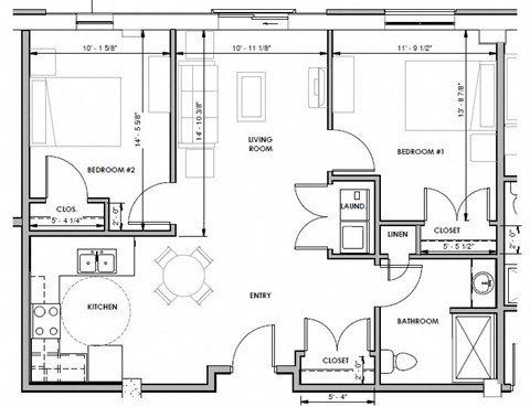 Floor plan for 2 beds, 1 bath, 966 sqft